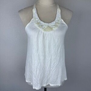 Y2K Trendy Charlotte Russe White Beaded Pearls Flowy Tank Top‎ Women's Size M
